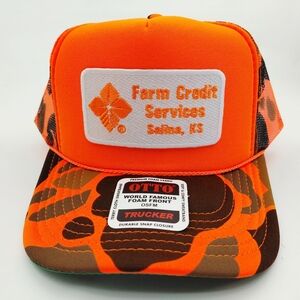 Farm Credit Services Camo and Neon Orange Hat Foam Trucker Snapback